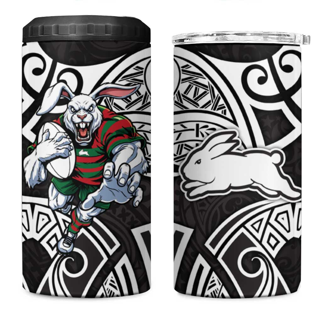 South Sydney Rabbitohs Rugby 4 in 1 Can Cooler Tumbler Polynesian Tribal Rabbit Warrior Black White Pattern