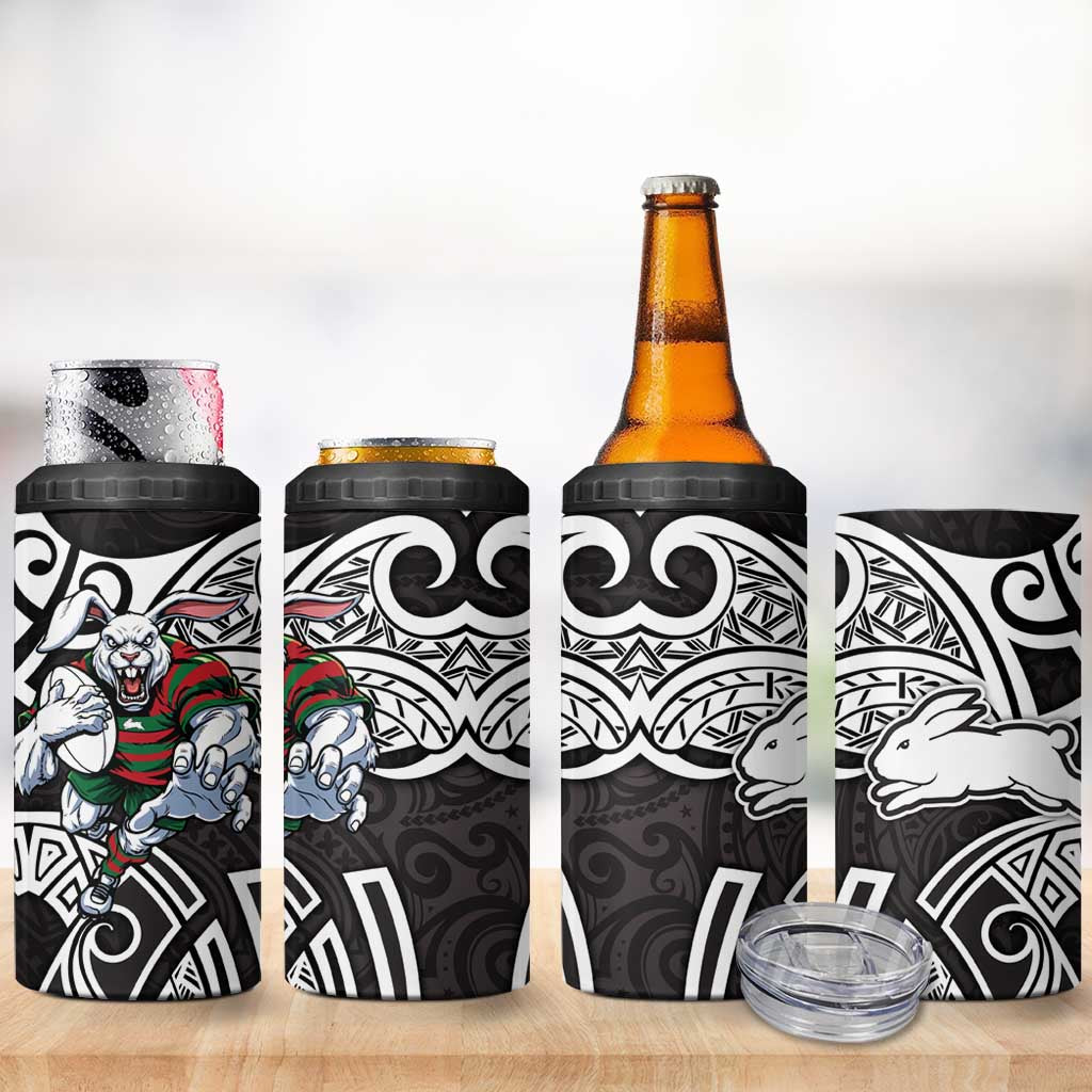 South Sydney Rabbitohs Rugby 4 in 1 Can Cooler Tumbler Polynesian Tribal Rabbit Warrior Black White Pattern