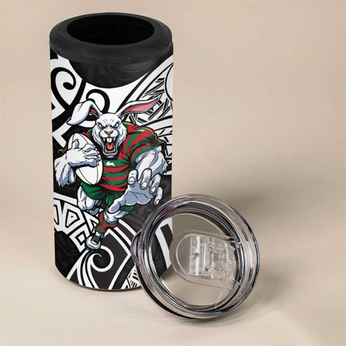 South Sydney Rabbitohs Rugby 4 in 1 Can Cooler Tumbler Polynesian Tribal Rabbit Warrior Black White Pattern