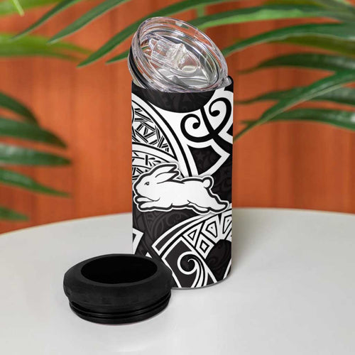 South Sydney Rabbitohs Rugby 4 in 1 Can Cooler Tumbler Polynesian Tribal Rabbit Warrior Black White Pattern