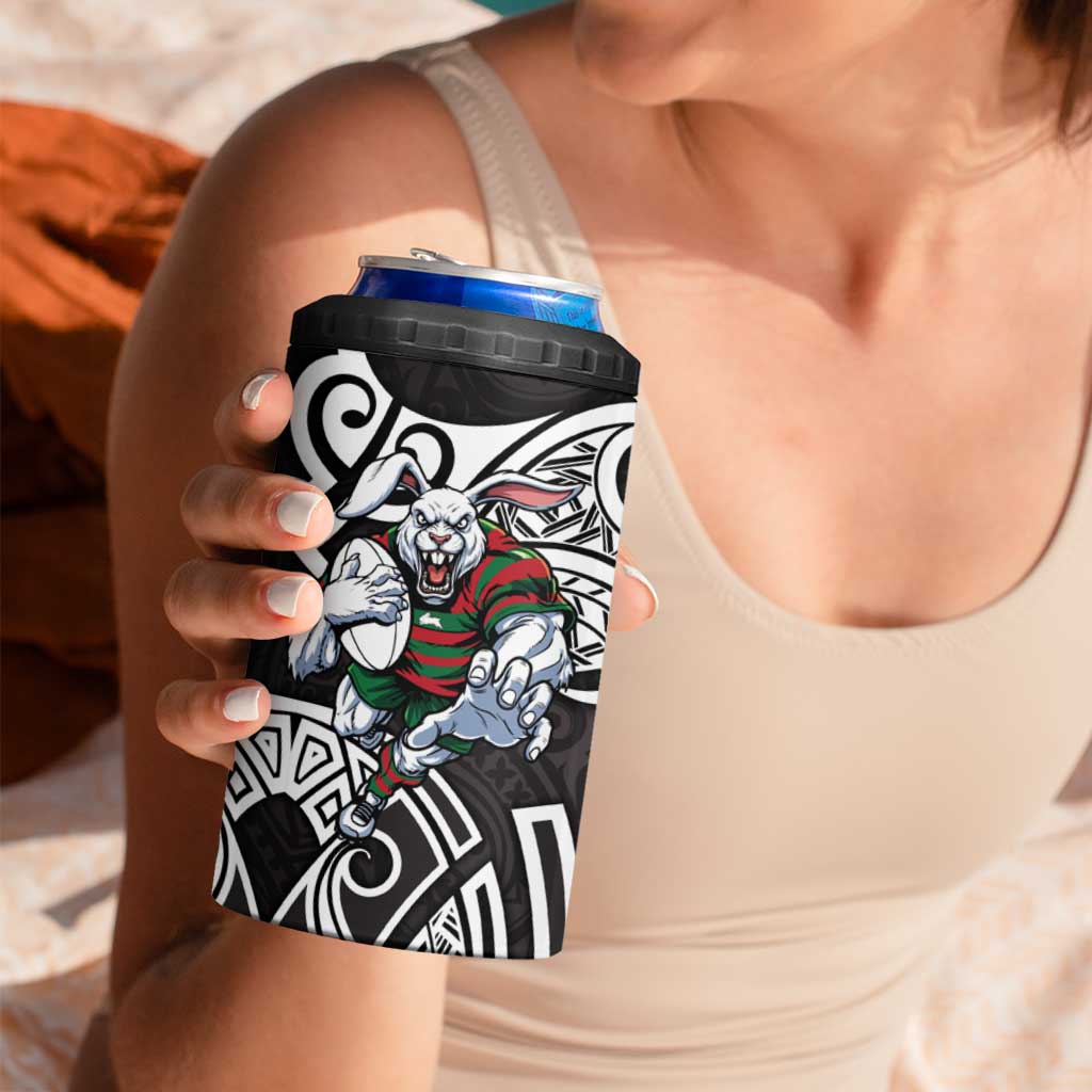 South Sydney Rabbitohs Rugby 4 in 1 Can Cooler Tumbler Polynesian Tribal Rabbit Warrior Black White Pattern