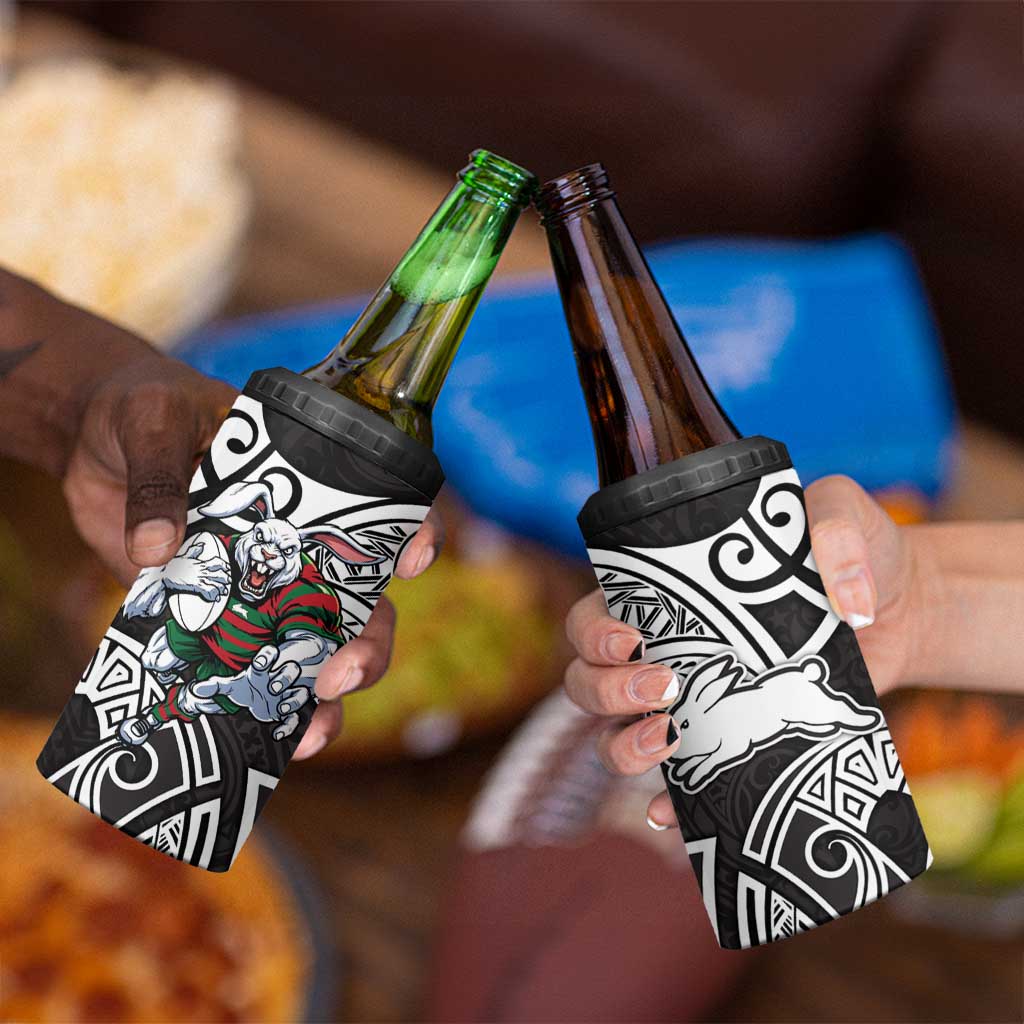 South Sydney Rabbitohs Rugby 4 in 1 Can Cooler Tumbler Polynesian Tribal Rabbit Warrior Black White Pattern