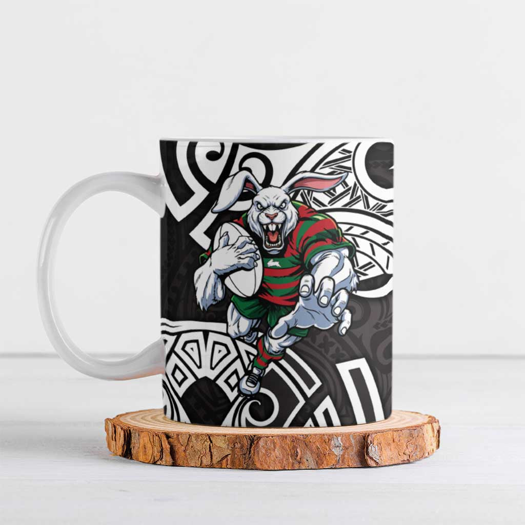 South Sydney Rabbitohs Rugby Ceramic Mug Polynesian Tribal Rabbit Warrior Black White Pattern