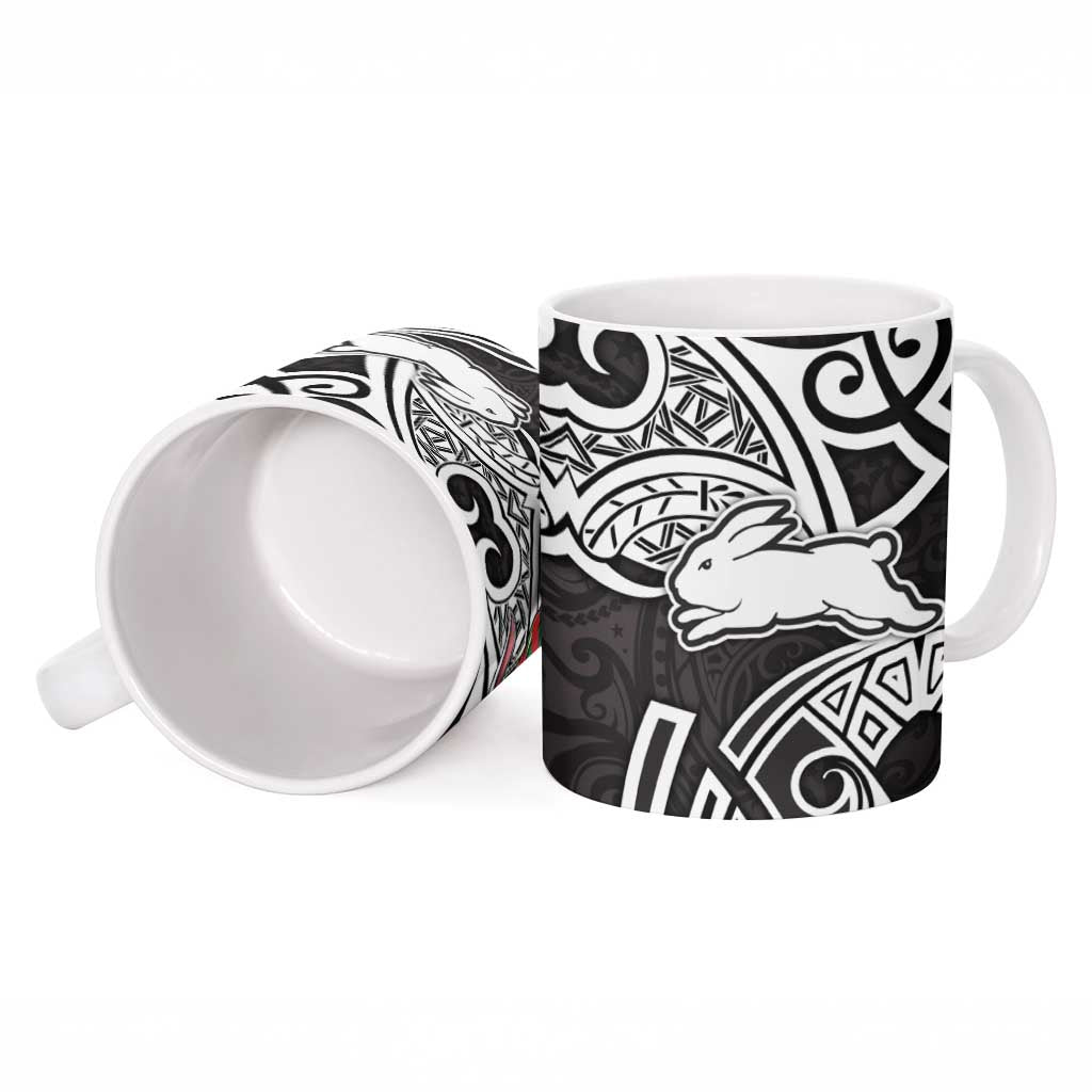 South Sydney Rabbitohs Rugby Ceramic Mug Polynesian Tribal Rabbit Warrior Black White Pattern