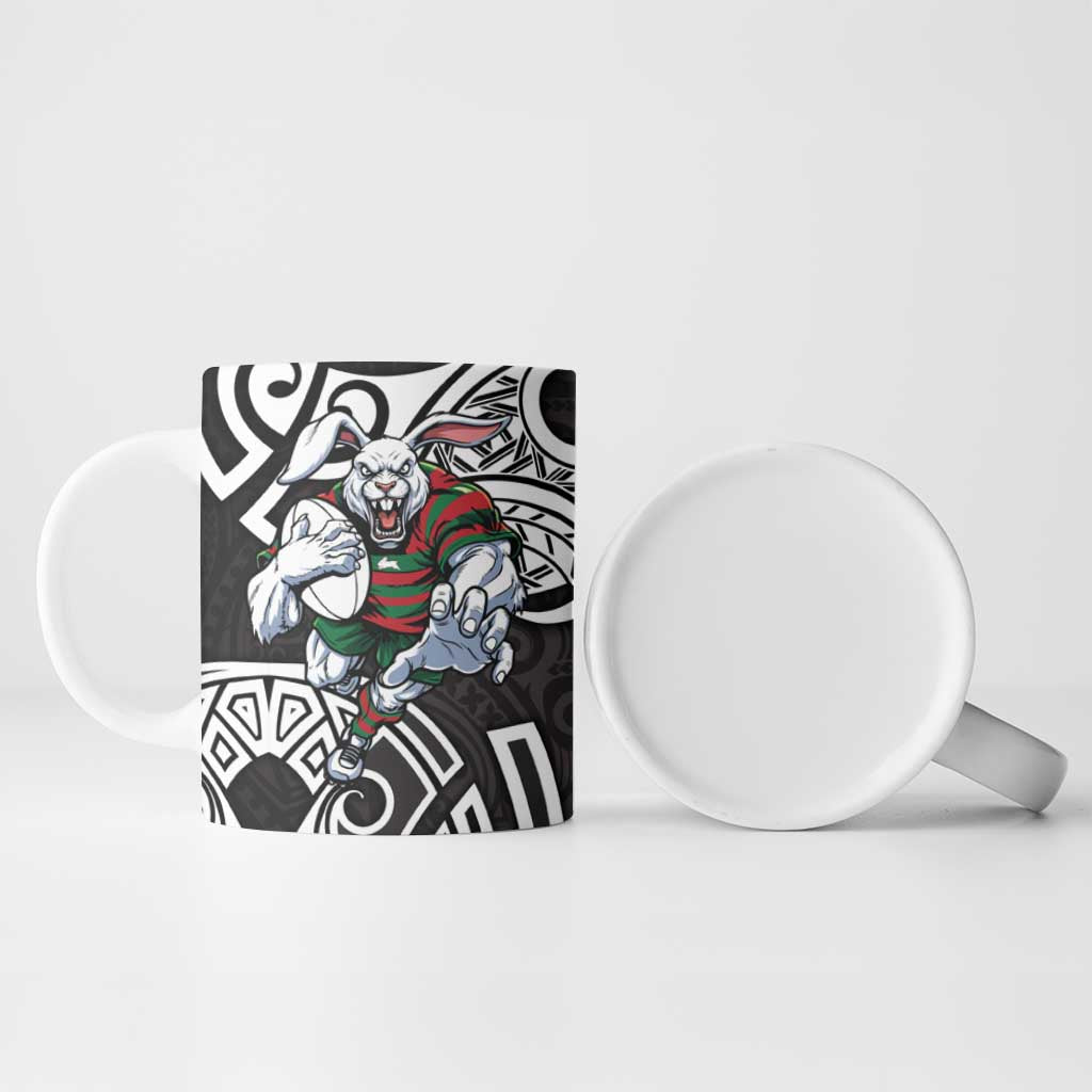South Sydney Rabbitohs Rugby Ceramic Mug Polynesian Tribal Rabbit Warrior Black White Pattern