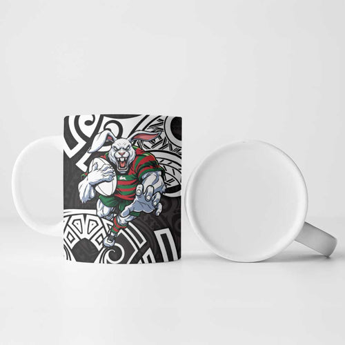 South Sydney Rabbitohs Rugby Ceramic Mug Polynesian Tribal Rabbit Warrior Black White Pattern