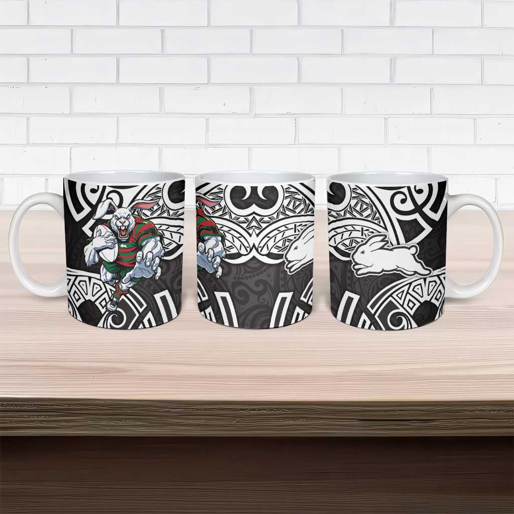 South Sydney Rabbitohs Rugby Ceramic Mug Polynesian Tribal Rabbit Warrior Black White Pattern