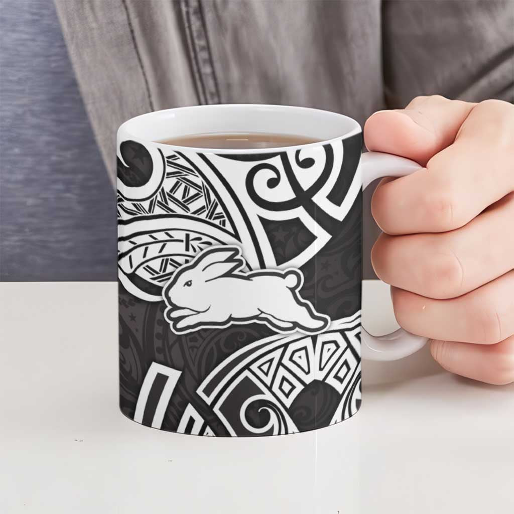 South Sydney Rabbitohs Rugby Ceramic Mug Polynesian Tribal Rabbit Warrior Black White Pattern