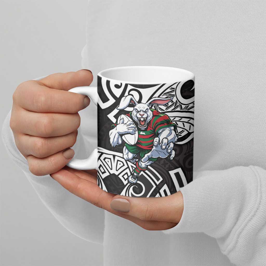 South Sydney Rabbitohs Rugby Ceramic Mug Polynesian Tribal Rabbit Warrior Black White Pattern
