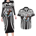 South Sydney Rabbitohs Rugby Couples Matching Long Sleeve Bodycon Dress and Hawaiian Shirt Polynesian Tribal Rabbit Warrior Black White Pattern
