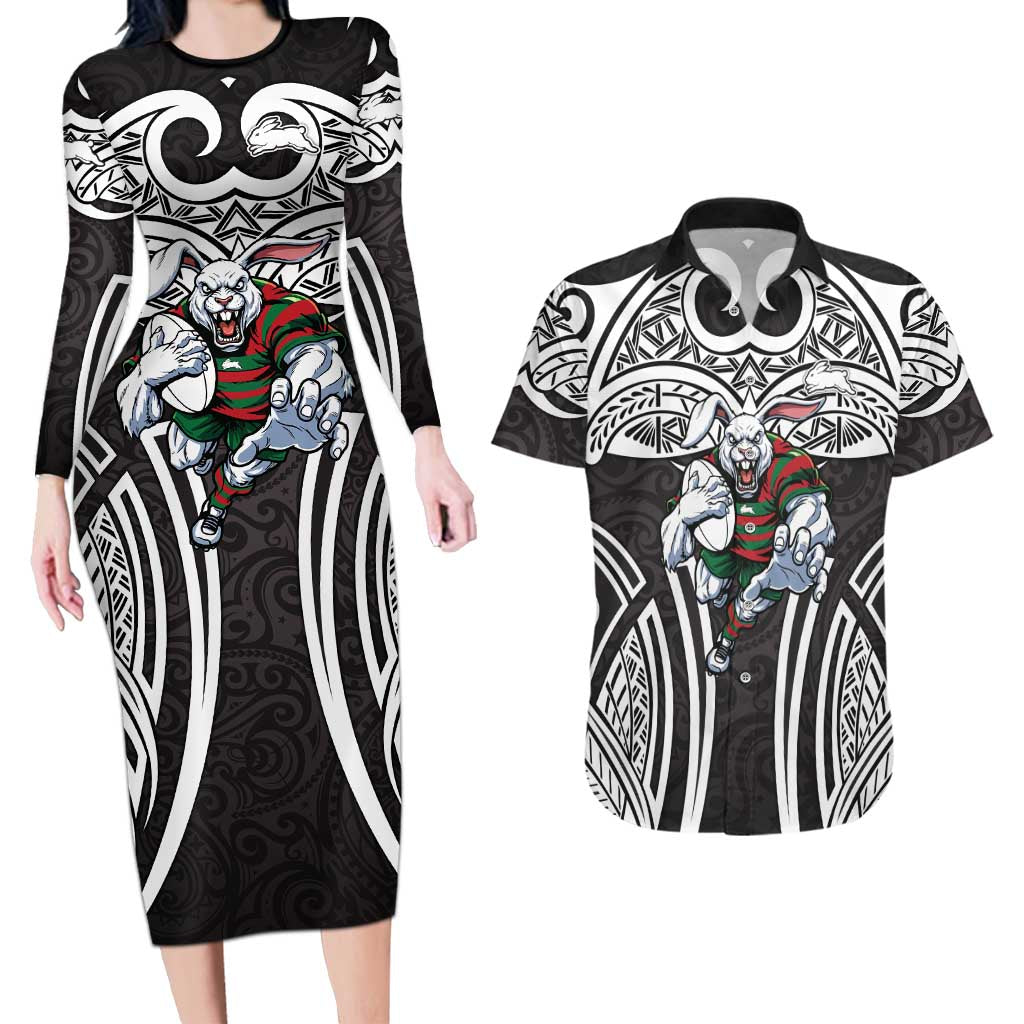 South Sydney Rabbitohs Rugby Couples Matching Long Sleeve Bodycon Dress and Hawaiian Shirt Polynesian Tribal Rabbit Warrior Black White Pattern