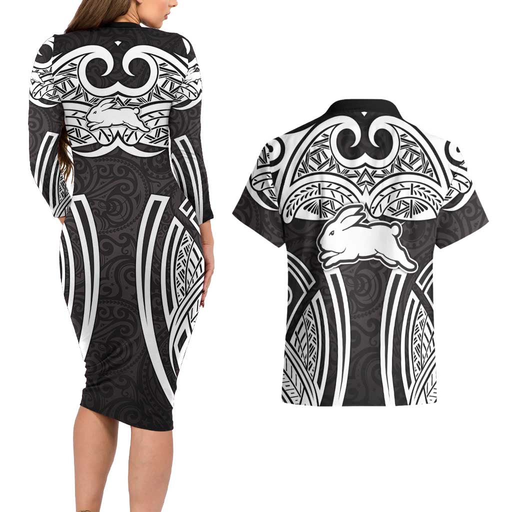 South Sydney Rabbitohs Rugby Couples Matching Long Sleeve Bodycon Dress and Hawaiian Shirt Polynesian Tribal Rabbit Warrior Black White Pattern