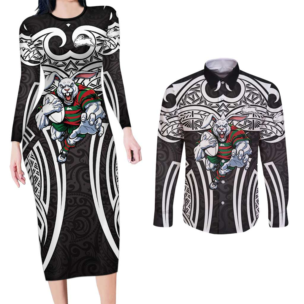 South Sydney Rabbitohs Rugby Couples Matching Long Sleeve Bodycon Dress and Long Sleeve Button Shirt Polynesian Tribal Rabbit Warrior Black White Pattern