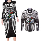 South Sydney Rabbitohs Rugby Couples Matching Long Sleeve Bodycon Dress and Long Sleeve Button Shirt Polynesian Tribal Rabbit Warrior Black White Pattern