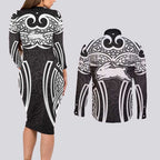 South Sydney Rabbitohs Rugby Couples Matching Long Sleeve Bodycon Dress and Long Sleeve Button Shirt Polynesian Tribal Rabbit Warrior Black White Pattern