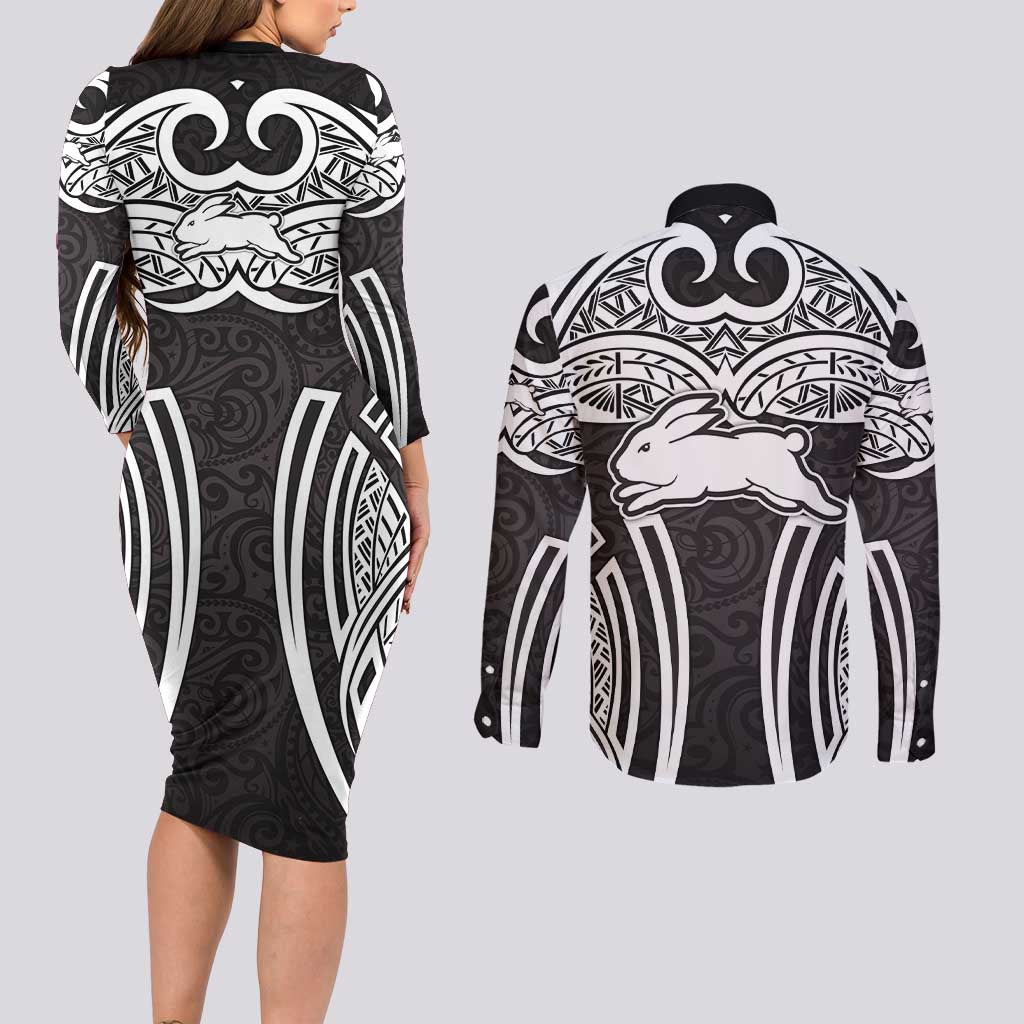 South Sydney Rabbitohs Rugby Couples Matching Long Sleeve Bodycon Dress and Long Sleeve Button Shirt Polynesian Tribal Rabbit Warrior Black White Pattern