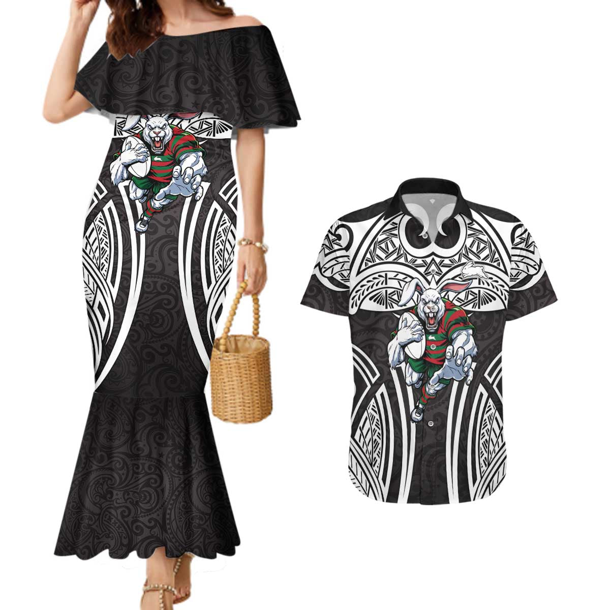 South Sydney Rabbitohs Rugby Couples Matching Mermaid Dress and Hawaiian Shirt Polynesian Tribal Rabbit Warrior Black White Pattern