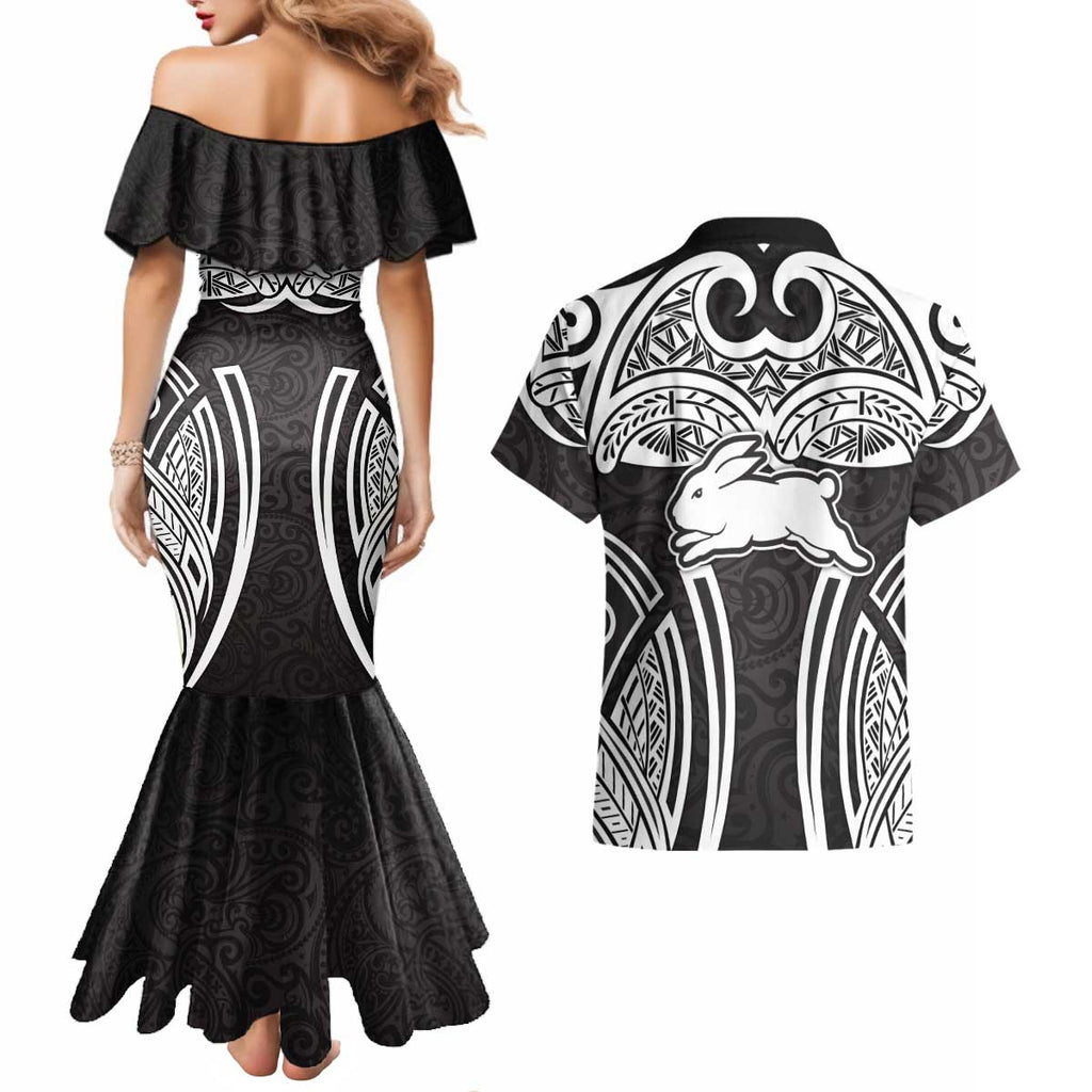 South Sydney Rabbitohs Rugby Couples Matching Mermaid Dress and Hawaiian Shirt Polynesian Tribal Rabbit Warrior Black White Pattern