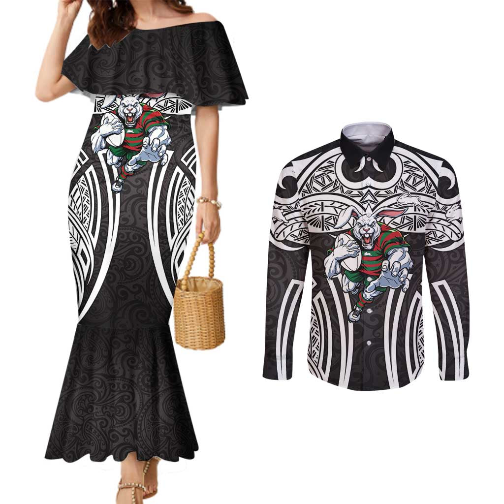 South Sydney Rabbitohs Rugby Couples Matching Mermaid Dress and Long Sleeve Button Shirt Polynesian Tribal Rabbit Warrior Black White Pattern