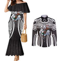 South Sydney Rabbitohs Rugby Couples Matching Mermaid Dress and Long Sleeve Button Shirt Polynesian Tribal Rabbit Warrior Black White Pattern