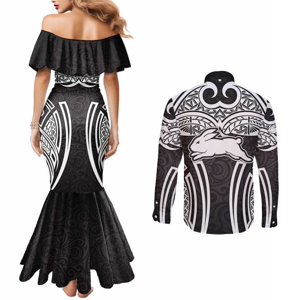 South Sydney Rabbitohs Rugby Couples Matching Mermaid Dress and Long Sleeve Button Shirt Polynesian Tribal Rabbit Warrior Black White Pattern