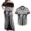 South Sydney Rabbitohs Rugby Couples Matching Off Shoulder Maxi Dress and Hawaiian Shirt Polynesian Tribal Rabbit Warrior Black White Pattern