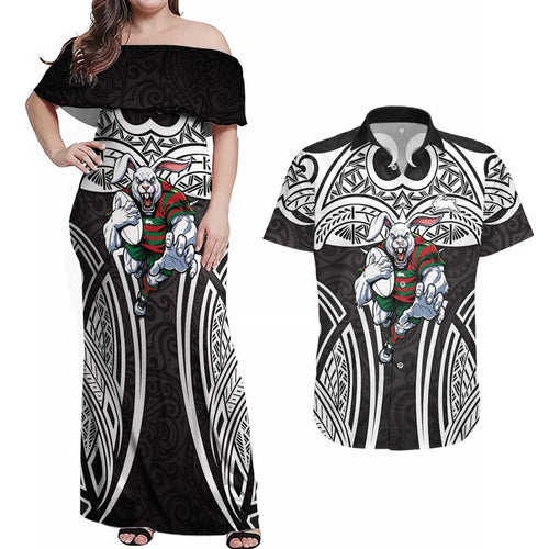 South Sydney Rabbitohs Rugby Couples Matching Off Shoulder Maxi Dress and Hawaiian Shirt Polynesian Tribal Rabbit Warrior Black White Pattern