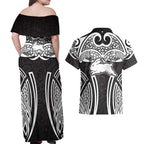 South Sydney Rabbitohs Rugby Couples Matching Off Shoulder Maxi Dress and Hawaiian Shirt Polynesian Tribal Rabbit Warrior Black White Pattern