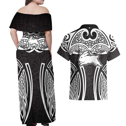 South Sydney Rabbitohs Rugby Couples Matching Off Shoulder Maxi Dress and Hawaiian Shirt Polynesian Tribal Rabbit Warrior Black White Pattern