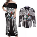 South Sydney Rabbitohs Rugby Couples Matching Off Shoulder Maxi Dress and Long Sleeve Button Shirt Polynesian Tribal Rabbit Warrior Black White Pattern