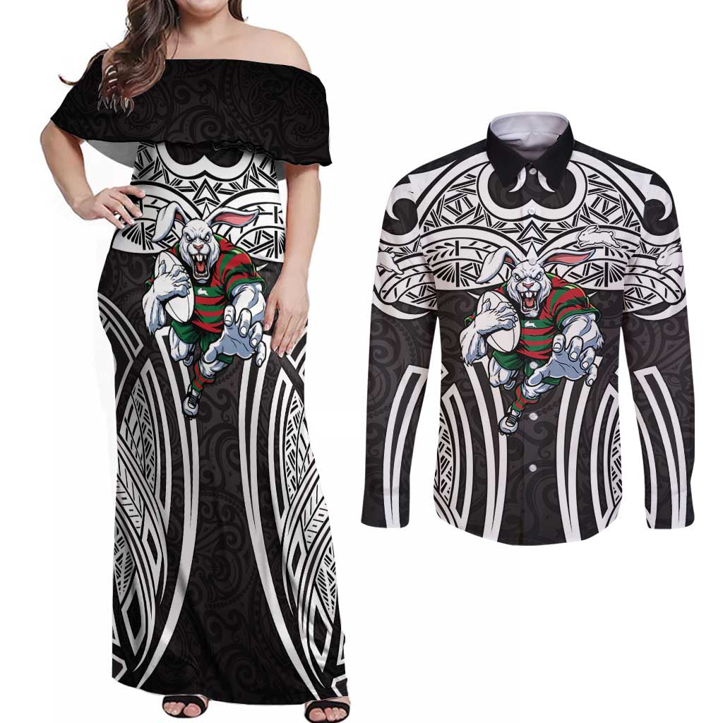 South Sydney Rabbitohs Rugby Couples Matching Off Shoulder Maxi Dress and Long Sleeve Button Shirt Polynesian Tribal Rabbit Warrior Black White Pattern