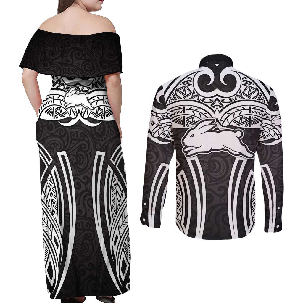 South Sydney Rabbitohs Rugby Couples Matching Off Shoulder Maxi Dress and Long Sleeve Button Shirt Polynesian Tribal Rabbit Warrior Black White Pattern