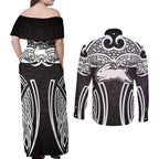 South Sydney Rabbitohs Rugby Couples Matching Off Shoulder Maxi Dress and Long Sleeve Button Shirt Polynesian Tribal Rabbit Warrior Black White Pattern