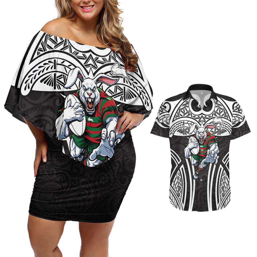 South Sydney Rabbitohs Rugby Couples Matching Off Shoulder Short Dress and Hawaiian Shirt Polynesian Tribal Rabbit Warrior Black White Pattern
