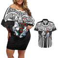 South Sydney Rabbitohs Rugby Couples Matching Off Shoulder Short Dress and Hawaiian Shirt Polynesian Tribal Rabbit Warrior Black White Pattern