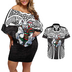 South Sydney Rabbitohs Rugby Couples Matching Off Shoulder Short Dress and Hawaiian Shirt Polynesian Tribal Rabbit Warrior Black White Pattern
