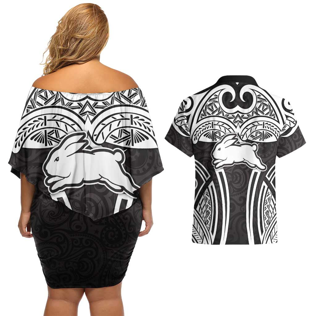 South Sydney Rabbitohs Rugby Couples Matching Off Shoulder Short Dress and Hawaiian Shirt Polynesian Tribal Rabbit Warrior Black White Pattern