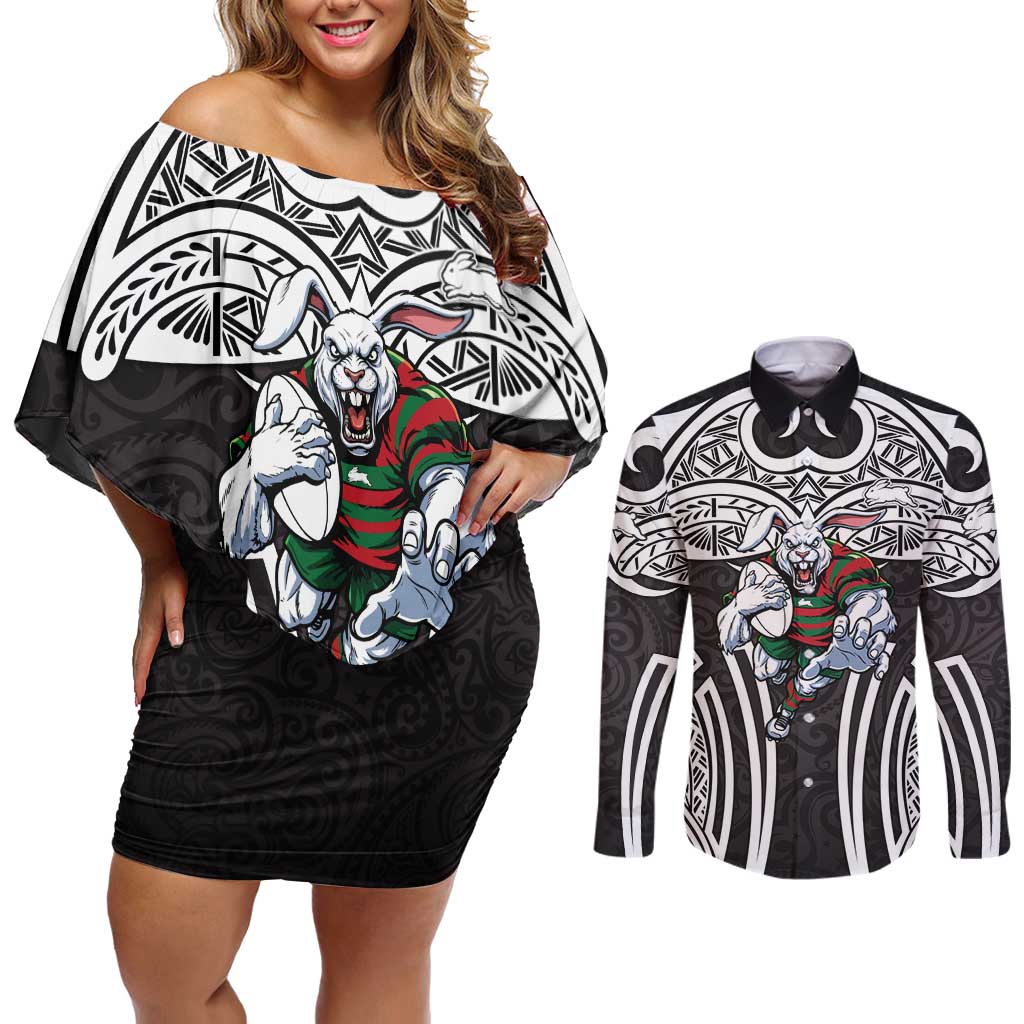 South Sydney Rabbitohs Rugby Couples Matching Off Shoulder Short Dress and Long Sleeve Button Shirt Polynesian Tribal Rabbit Warrior Black White Pattern