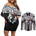South Sydney Rabbitohs Rugby Couples Matching Off Shoulder Short Dress and Long Sleeve Button Shirt Polynesian Tribal Rabbit Warrior Black White Pattern