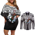 South Sydney Rabbitohs Rugby Couples Matching Off Shoulder Short Dress and Long Sleeve Button Shirt Polynesian Tribal Rabbit Warrior Black White Pattern
