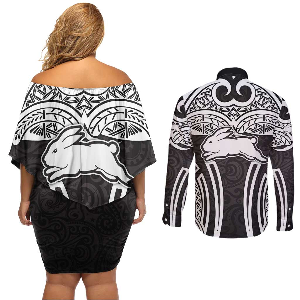 South Sydney Rabbitohs Rugby Couples Matching Off Shoulder Short Dress and Long Sleeve Button Shirt Polynesian Tribal Rabbit Warrior Black White Pattern