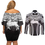 South Sydney Rabbitohs Rugby Couples Matching Off Shoulder Short Dress and Long Sleeve Button Shirt Polynesian Tribal Rabbit Warrior Black White Pattern