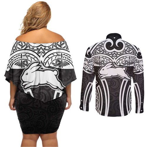 South Sydney Rabbitohs Rugby Couples Matching Off Shoulder Short Dress and Long Sleeve Button Shirt Polynesian Tribal Rabbit Warrior Black White Pattern