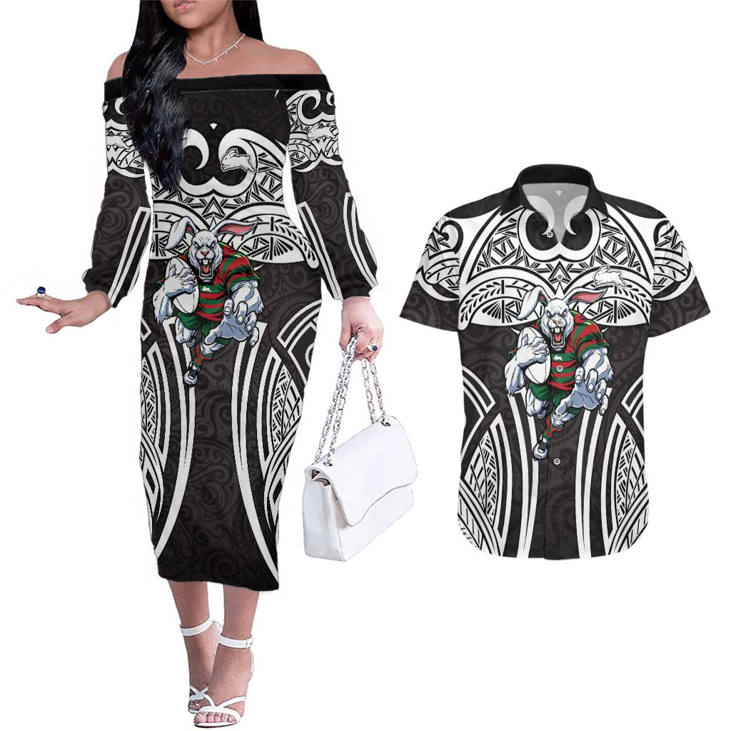 South Sydney Rabbitohs Rugby Couples Matching Off The Shoulder Long Sleeve Dress and Hawaiian Shirt Polynesian Tribal Rabbit Warrior Black White Pattern