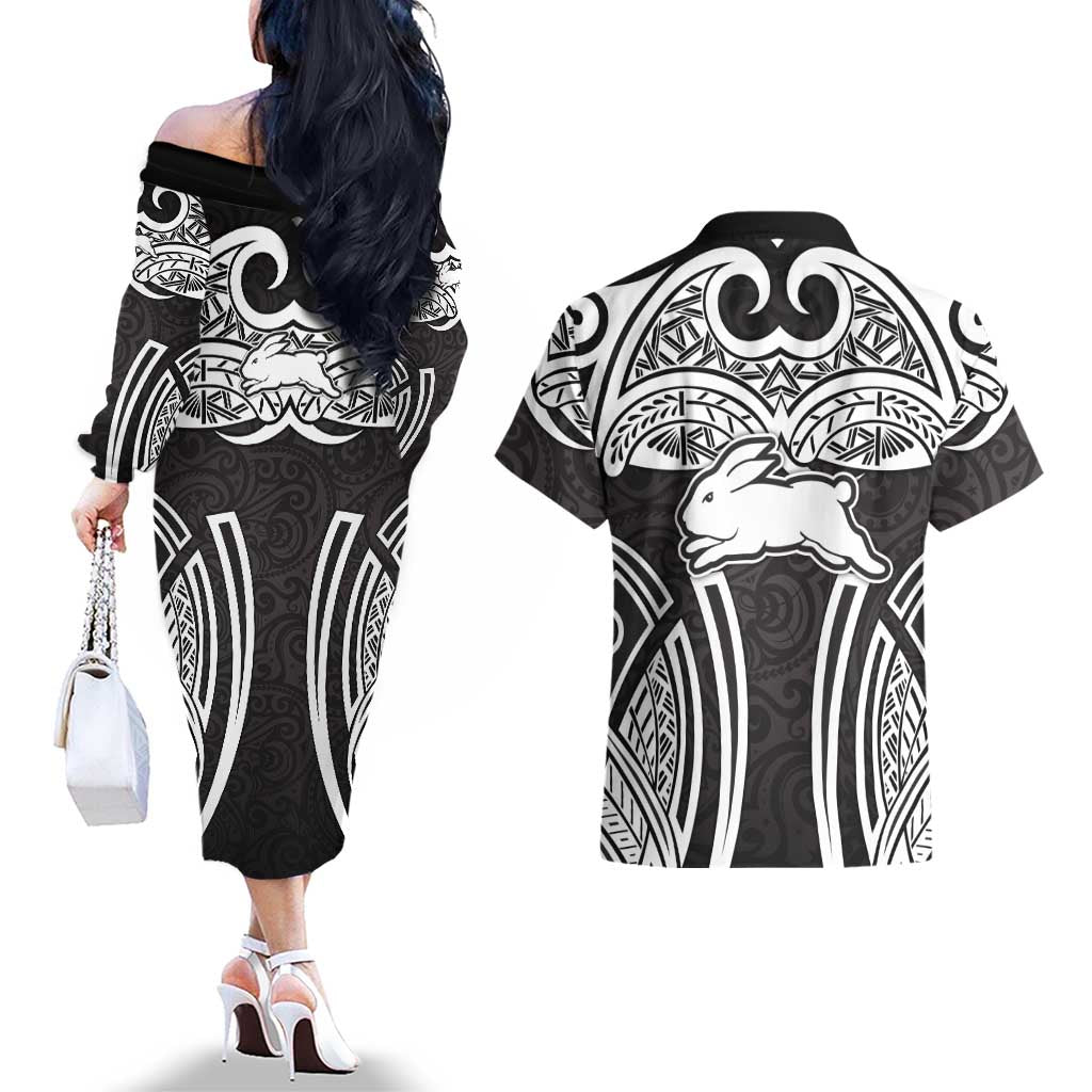 South Sydney Rabbitohs Rugby Couples Matching Off The Shoulder Long Sleeve Dress and Hawaiian Shirt Polynesian Tribal Rabbit Warrior Black White Pattern
