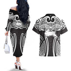 South Sydney Rabbitohs Rugby Couples Matching Off The Shoulder Long Sleeve Dress and Hawaiian Shirt Polynesian Tribal Rabbit Warrior Black White Pattern