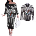 South Sydney Rabbitohs Rugby Couples Matching Off The Shoulder Long Sleeve Dress and Long Sleeve Button Shirt Polynesian Tribal Rabbit Warrior Black White Pattern