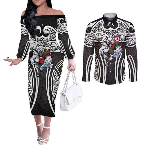South Sydney Rabbitohs Rugby Couples Matching Off The Shoulder Long Sleeve Dress and Long Sleeve Button Shirt Polynesian Tribal Rabbit Warrior Black White Pattern