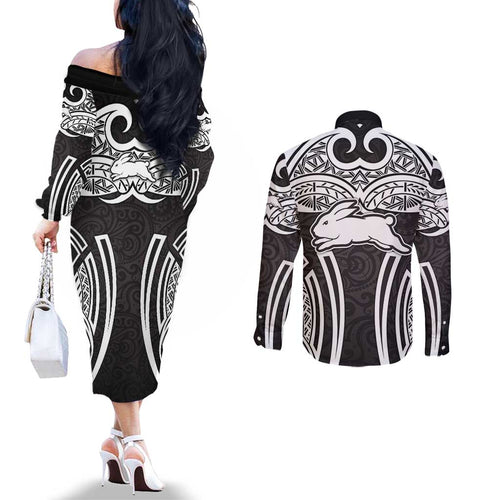 South Sydney Rabbitohs Rugby Couples Matching Off The Shoulder Long Sleeve Dress and Long Sleeve Button Shirt Polynesian Tribal Rabbit Warrior Black White Pattern