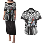 South Sydney Rabbitohs Rugby Couples Matching Puletasi and Hawaiian Shirt Polynesian Tribal Rabbit Warrior Black White Pattern